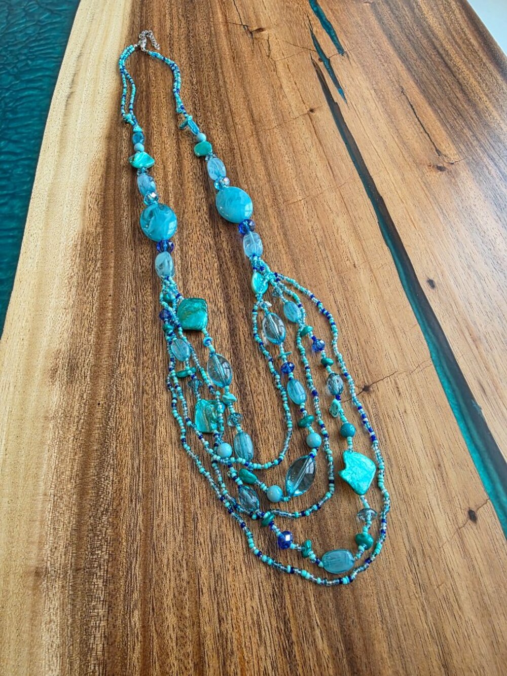Boho Multi-Strand Blue Beaded Statement Necklace – Teal & Turquoise Layered - Picture 8 of 8